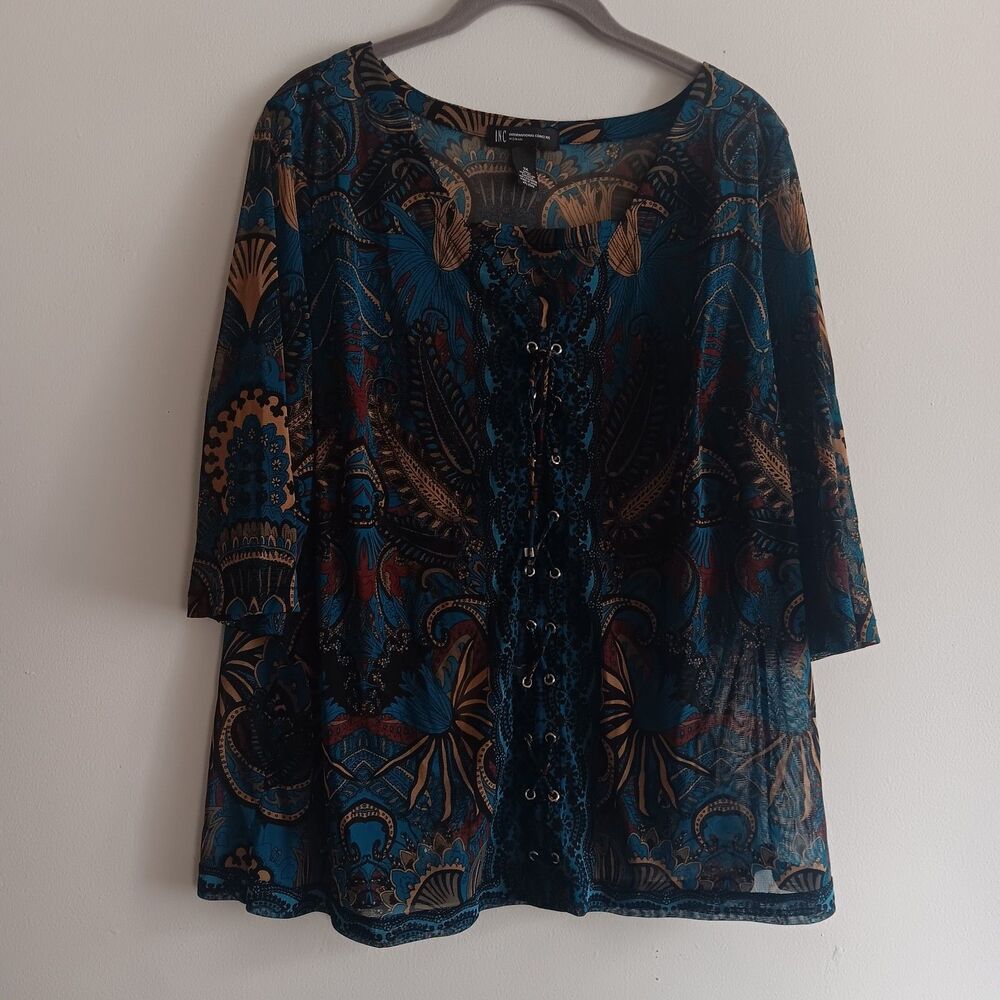 INC‎  Sheer Blue Black Floral Fairy Size 1X Coquette Romantic Blouse Whimsical